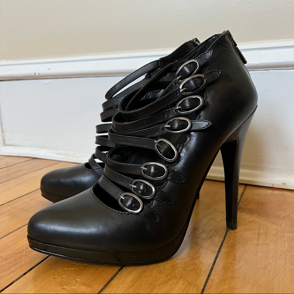 Franco Fortini Matrix Black Genuine Leather Strappy Cage Heels